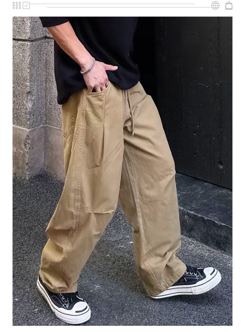 美式復古風 個性設計感褶皺工裝褲 闊腿長褲