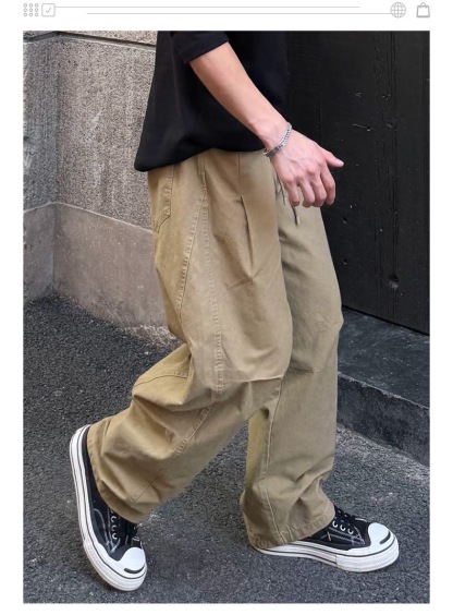 美式復古風 個性設計感褶皺工裝褲 闊腿長褲