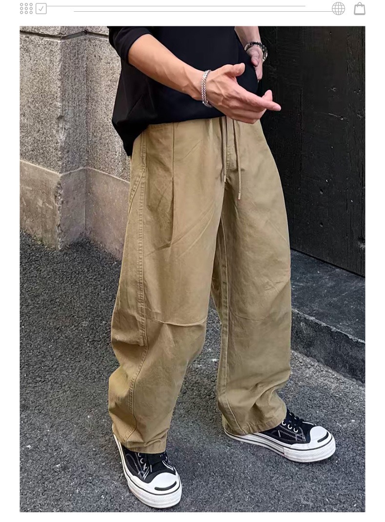 美式復古風 個性設計感褶皺工裝褲 闊腿長褲