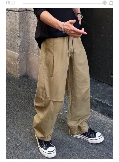 美式復古風 個性設計感褶皺工裝褲 闊腿長褲