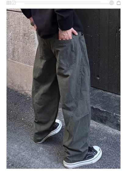 美式復古風 個性設計感褶皺工裝褲 闊腿長褲