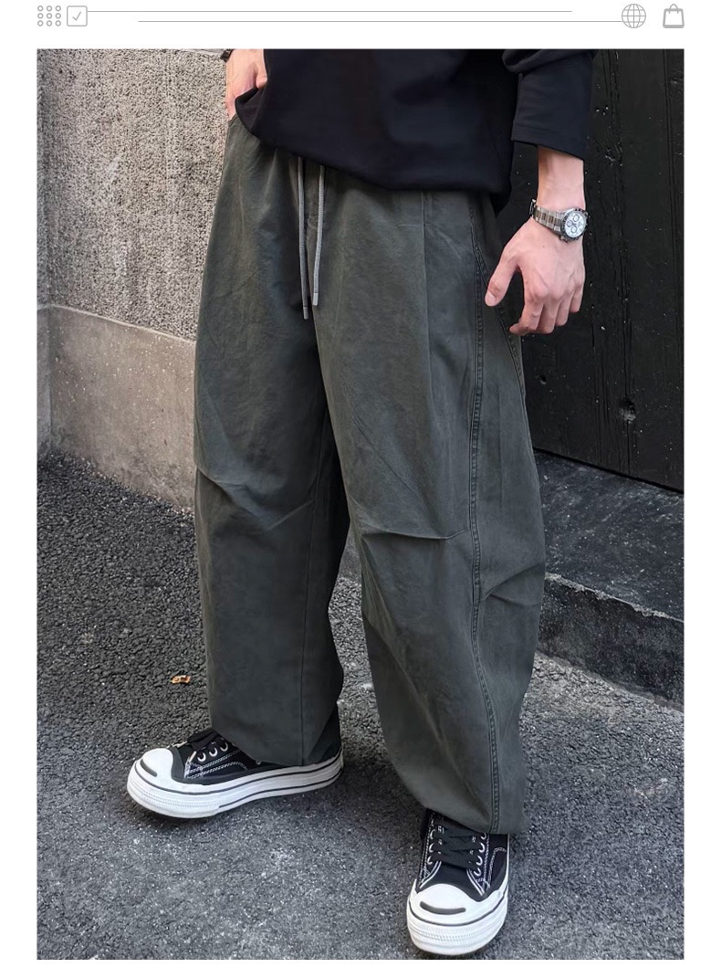 美式復古風 個性設計感褶皺工裝褲 闊腿長褲
