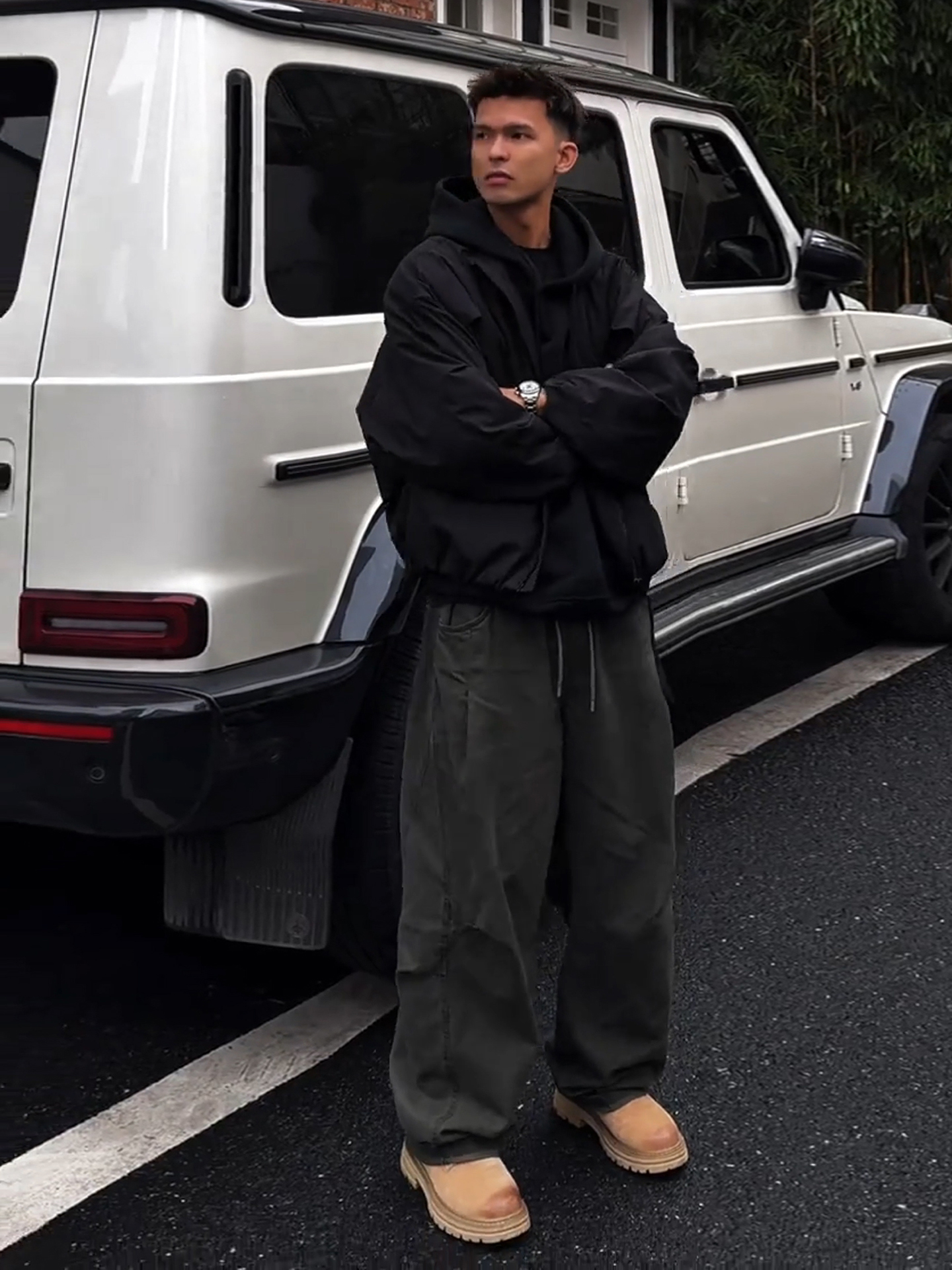 美式復古風 個性設計感褶皺工裝褲 闊腿長褲