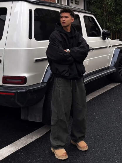 美式復古風 個性設計感褶皺工裝褲 闊腿長褲