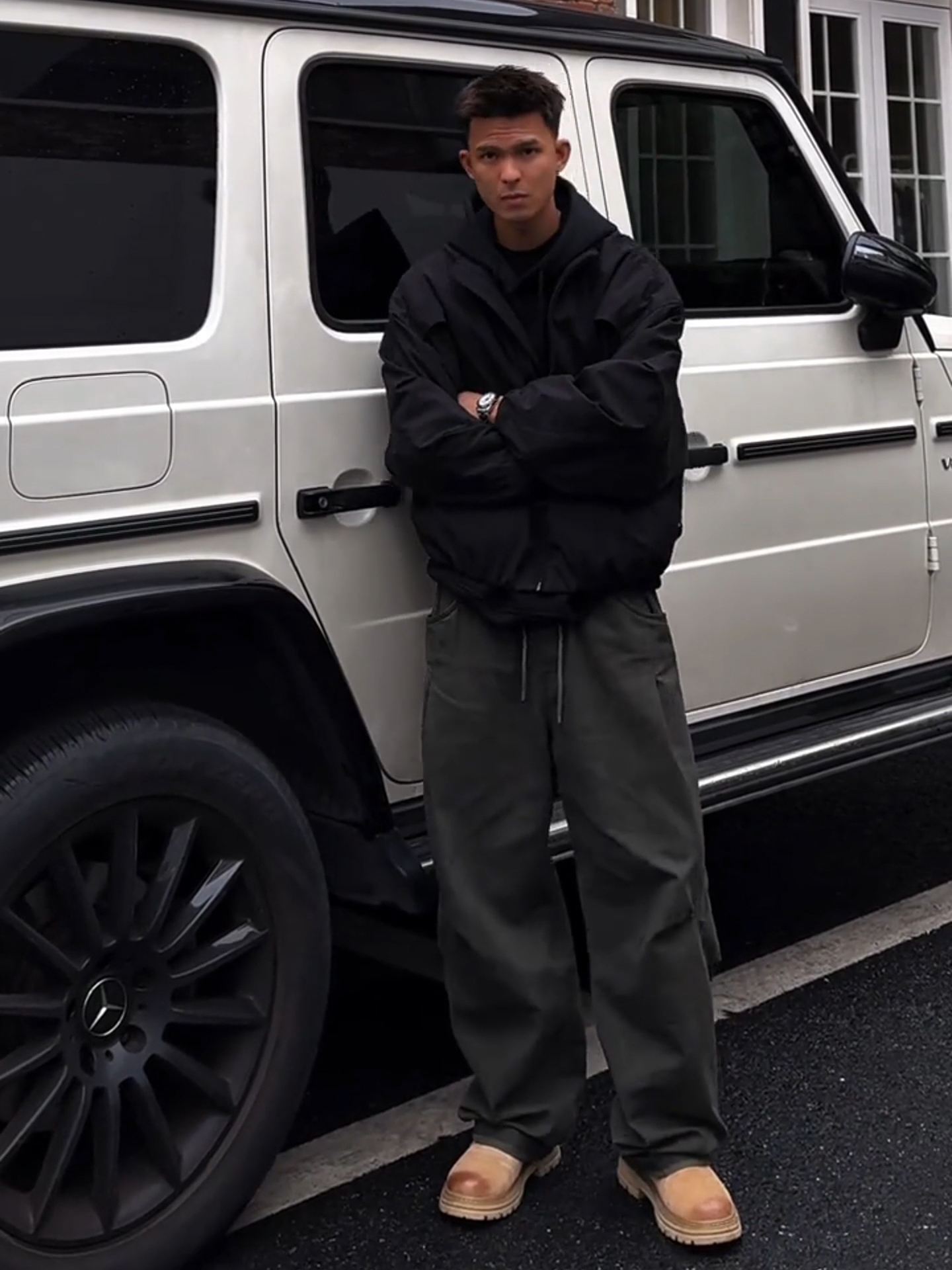 美式復古風 個性設計感褶皺工裝褲 闊腿長褲