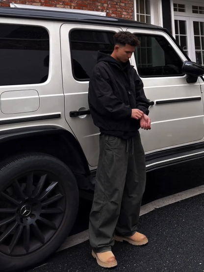 美式復古風 個性設計感褶皺工裝褲 闊腿長褲