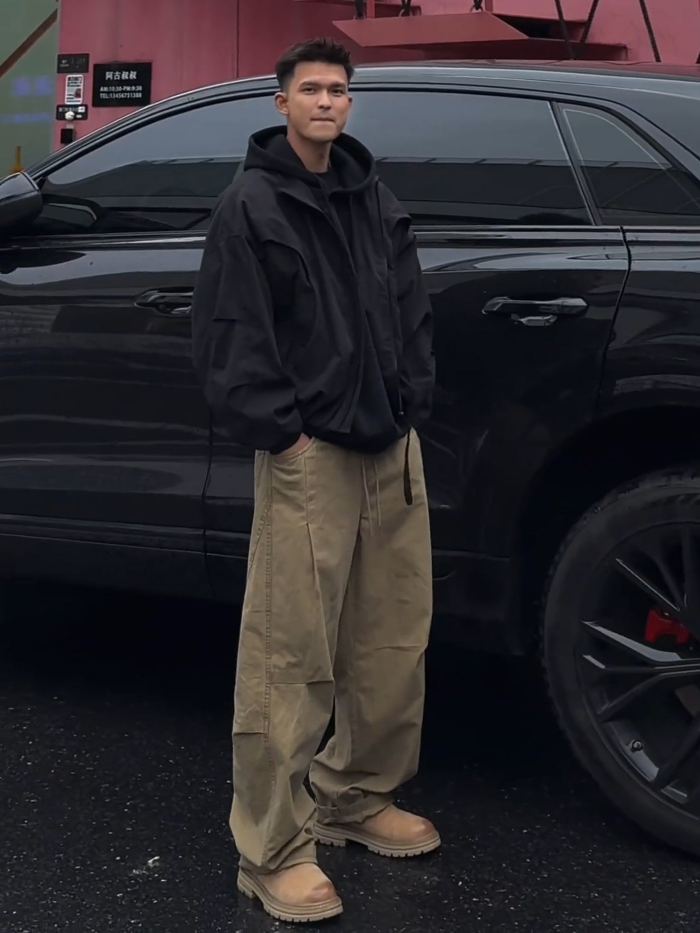 美式復古風 個性設計感褶皺工裝褲 闊腿長褲