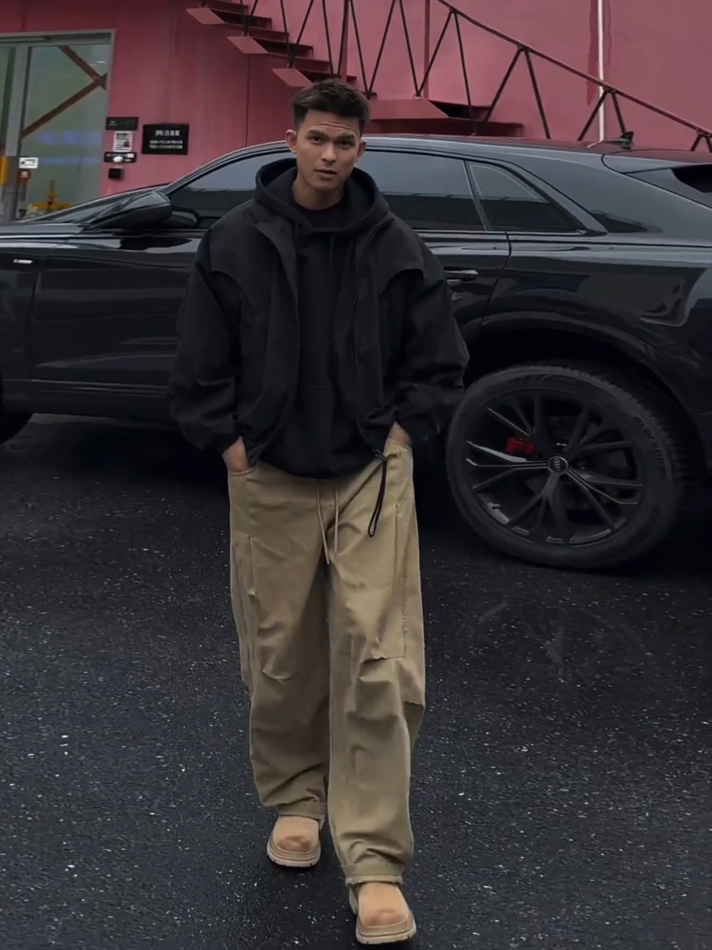 美式復古風 個性設計感褶皺工裝褲 闊腿長褲