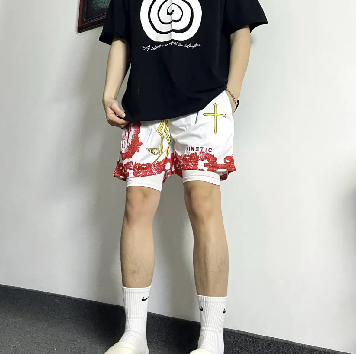 KINE美式四分短褲 假兩件款  潮流刺繡 速乾透氣 健身運動短褲