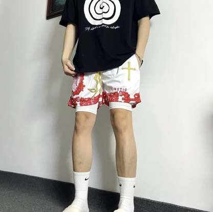 KINE美式四分短褲 假兩件款  潮流刺繡 速乾透氣 健身運動短褲