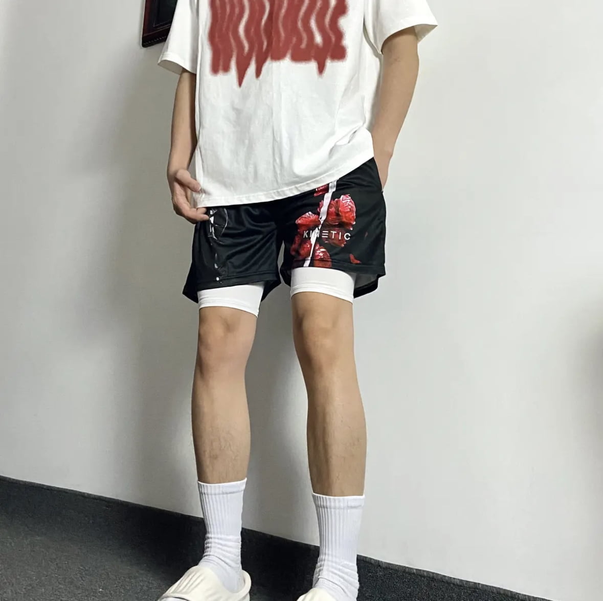 KINE美式四分短褲 假兩件款  潮流刺繡 速乾透氣 健身運動短褲