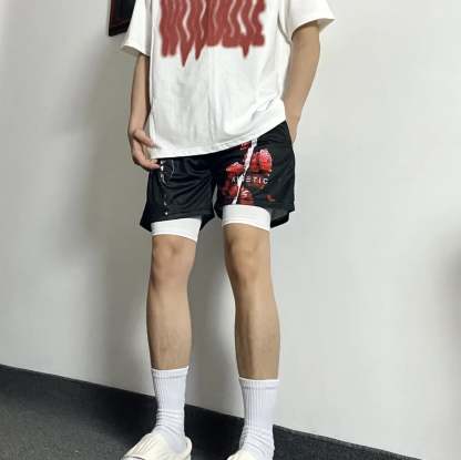 KINE美式四分短褲 假兩件款  潮流刺繡 速乾透氣 健身運動短褲