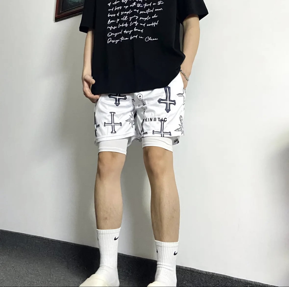 KINE美式四分短褲 假兩件款  潮流刺繡 速乾透氣 健身運動短褲