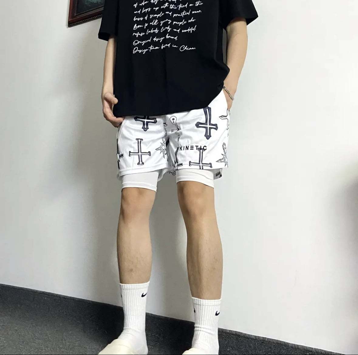 KINE美式四分短褲 假兩件款 潮流刺繡 速乾透氣 健身運動短褲