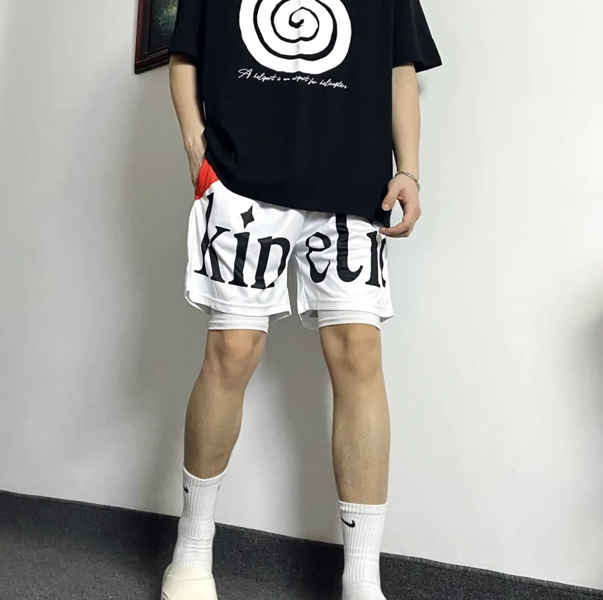 KINE美式四分短褲 假兩件款  潮流刺繡 速乾透氣 健身運動短褲