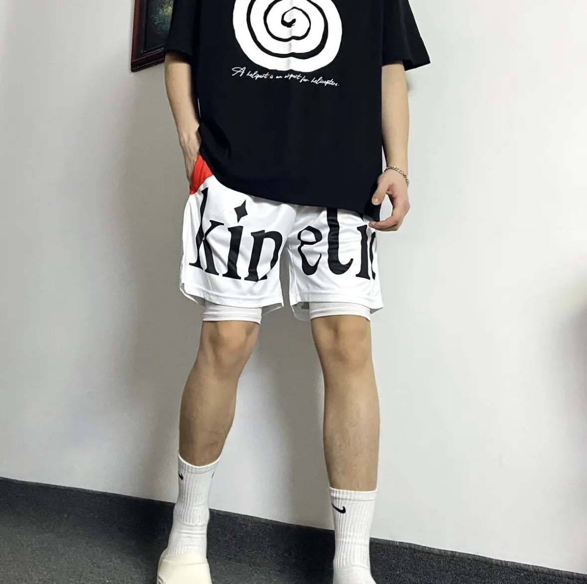 KINE美式四分短褲 假兩件款 潮流刺繡 速乾透氣 健身運動短褲