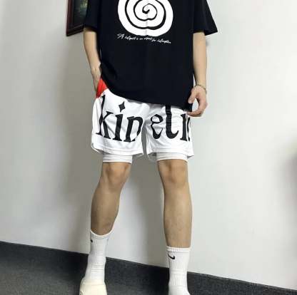 KINE美式四分短褲 假兩件款  潮流刺繡 速乾透氣 健身運動短褲