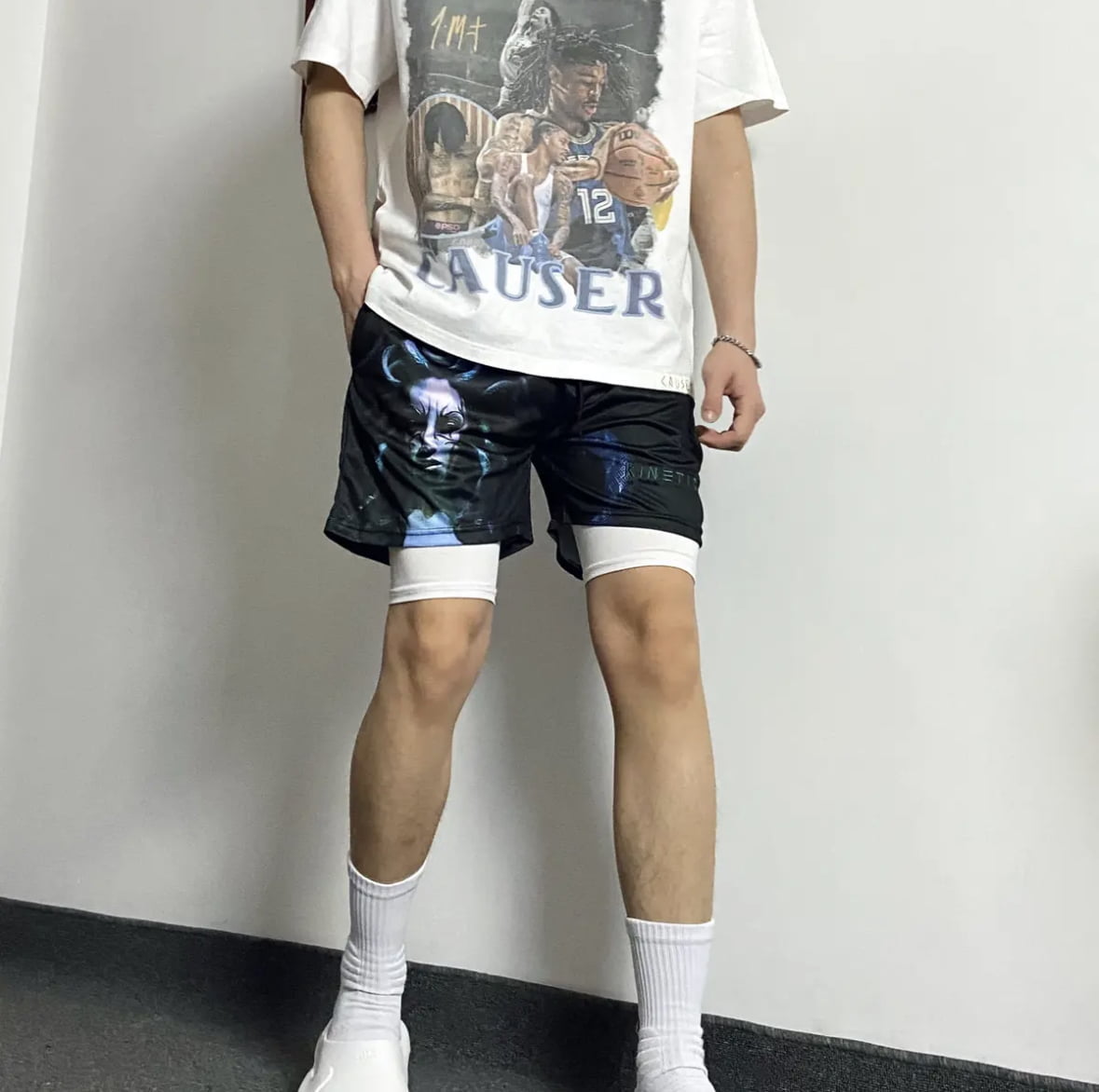KINE美式四分短褲 假兩件款  潮流刺繡 速乾透氣 健身運動短褲