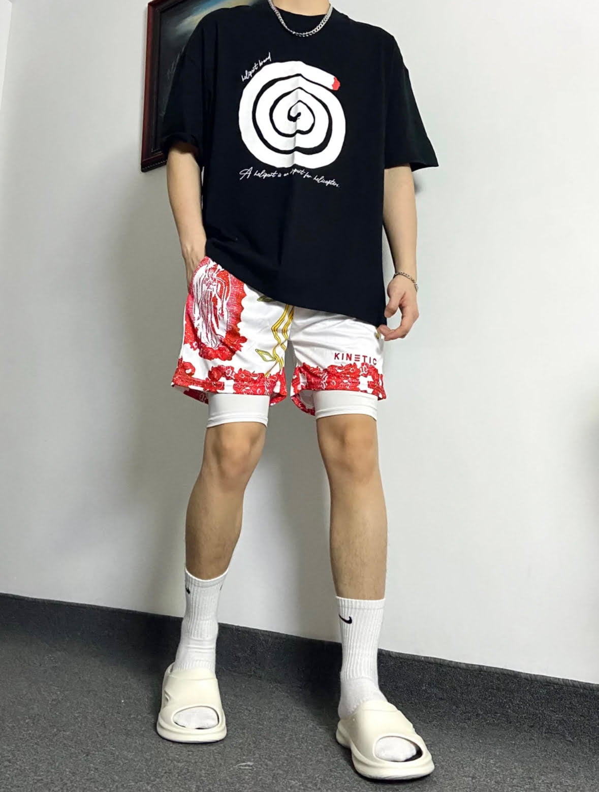 KINE美式四分短褲 假兩件款  潮流刺繡 速乾透氣 健身運動短褲