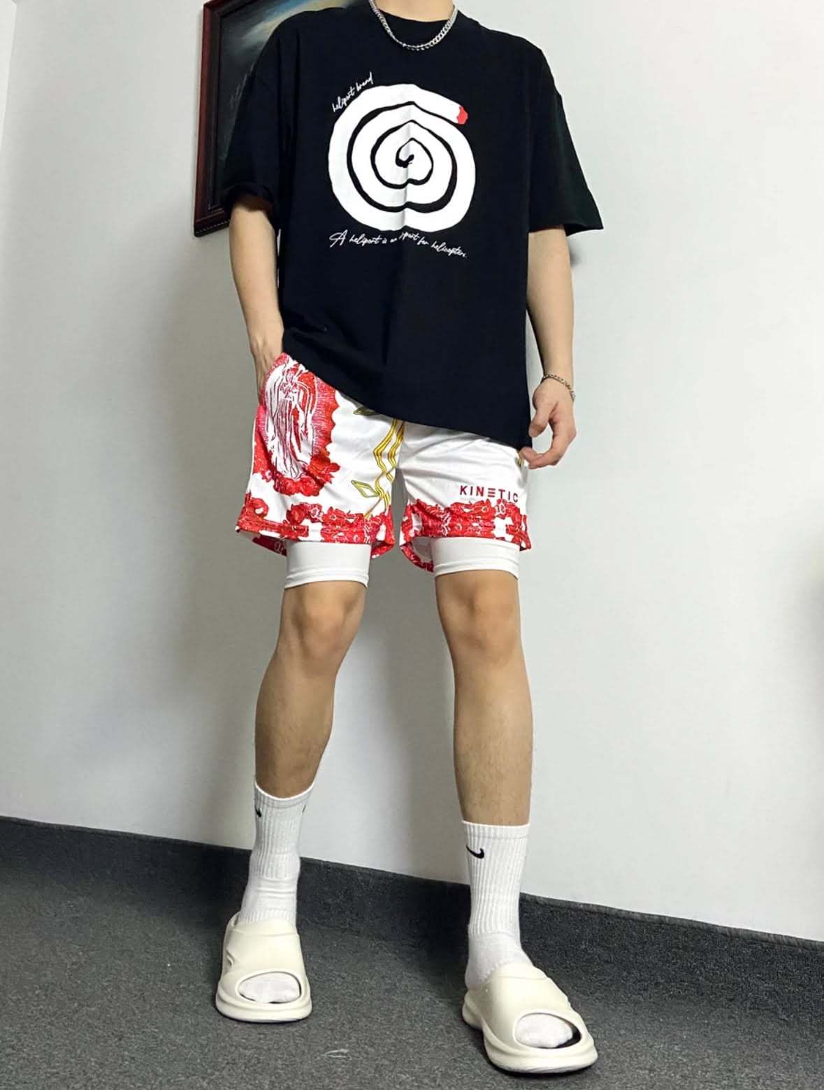 KINE美式四分短褲 假兩件款 潮流刺繡 速乾透氣 健身運動短褲