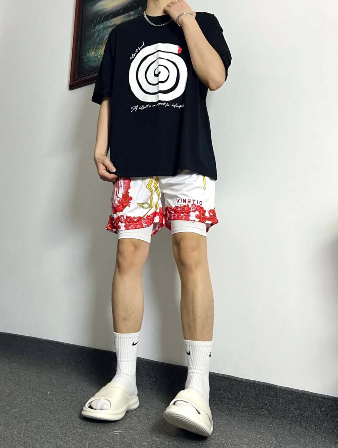 KINE美式四分短褲 假兩件款 潮流刺繡 速乾透氣 健身運動短褲