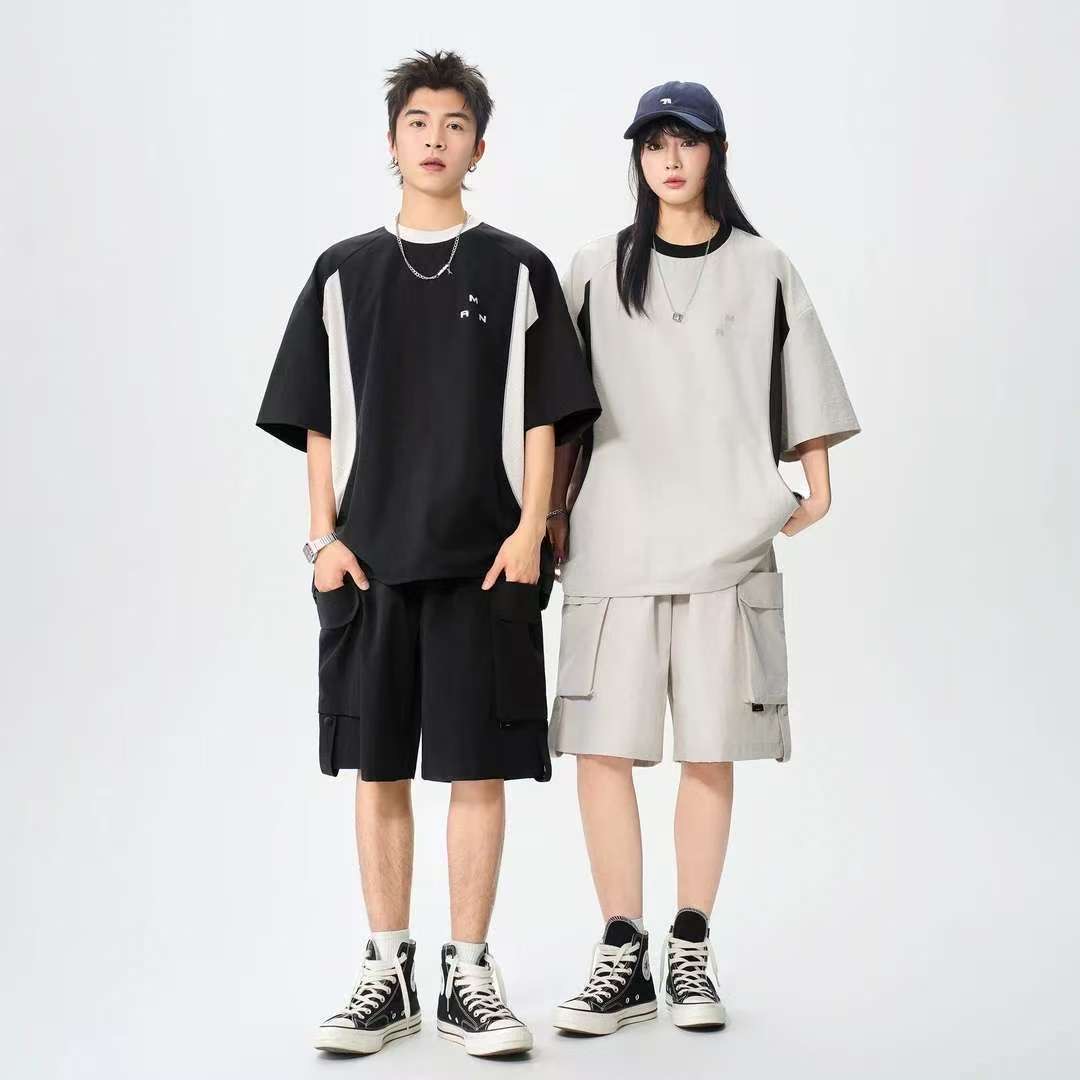 MAN 美式速干運動套裝 圆领拼色上衣+鬆緊腰工裝短褲｜寬鬆休閒凉感