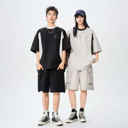 MAN 美式速干運動套裝 圆领拼色上衣+鬆緊腰工裝短褲｜寬鬆休閒凉感