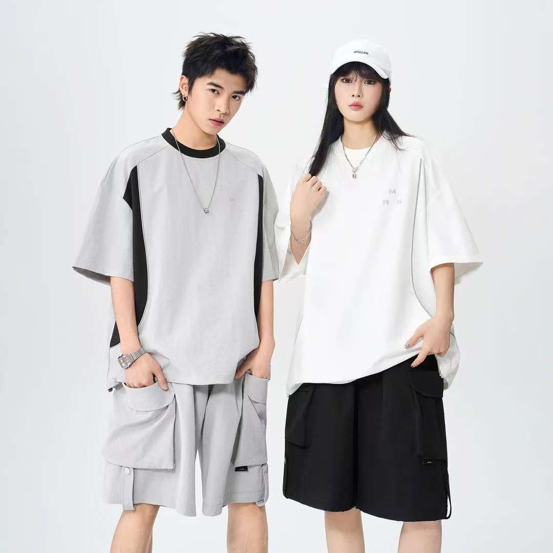 MAN 美式速干運動套裝 圆领拼色上衣+鬆緊腰工裝短褲｜寬鬆休閒凉感