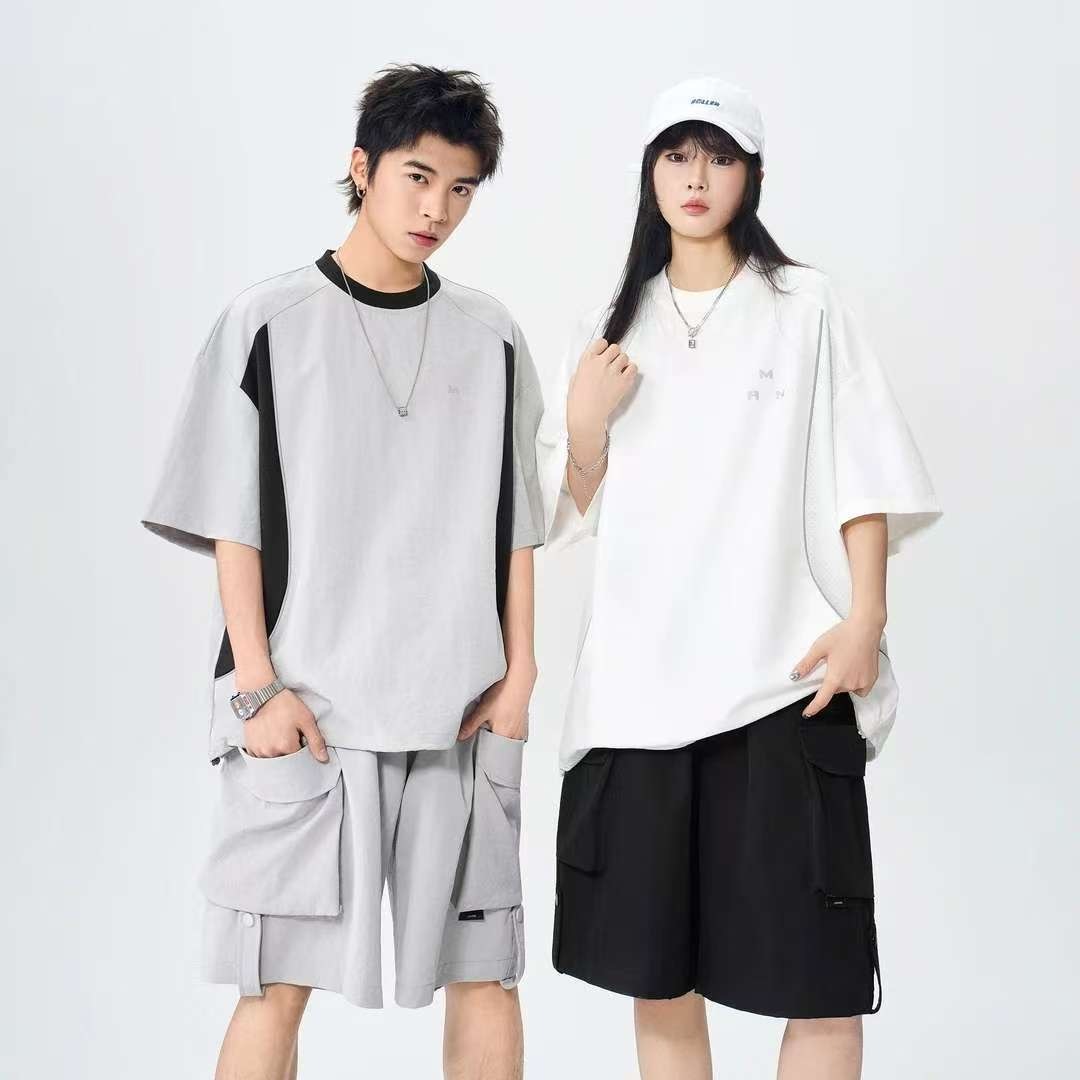 MAN 美式速干運動套裝 圆领拼色上衣+鬆緊腰工裝短褲｜寬鬆休閒凉感