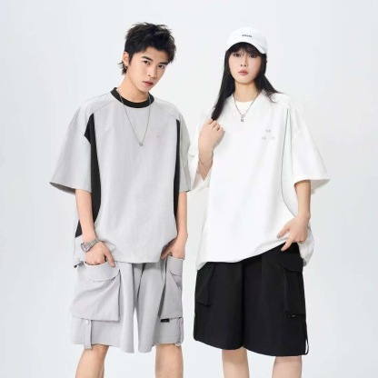 MAN 美式速干運動套裝 圆领拼色上衣+鬆緊腰工裝短褲｜寬鬆休閒凉感