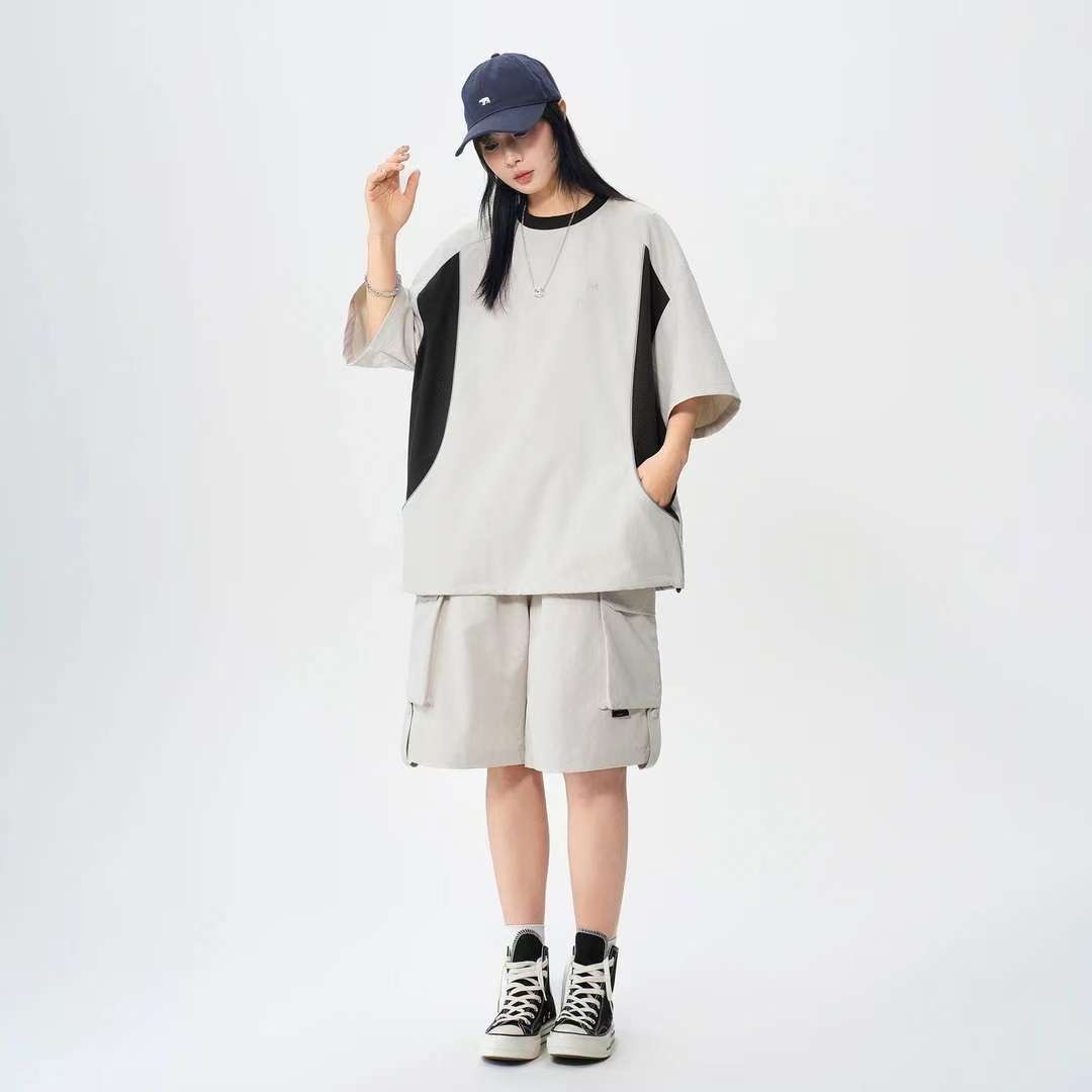 MAN 美式速干運動套裝 圆领拼色上衣+鬆緊腰工裝短褲｜寬鬆休閒凉感