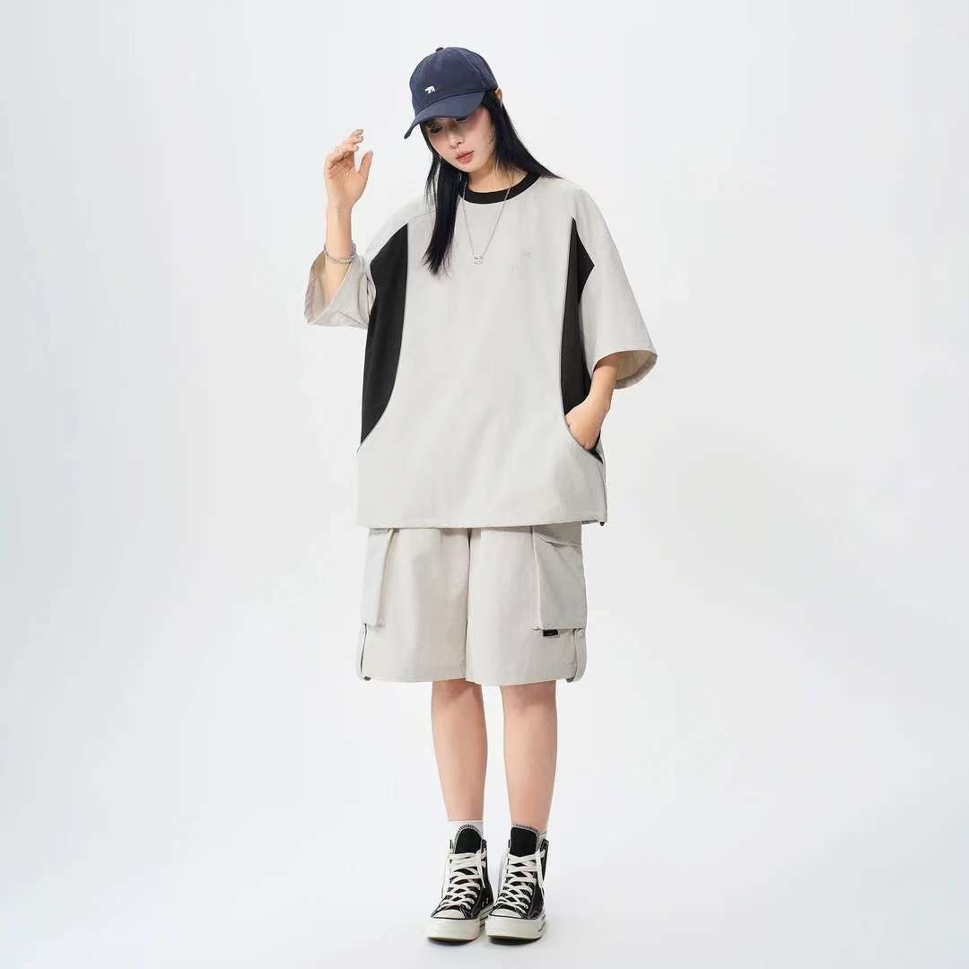 MAN 美式速干運動套裝 圆领拼色上衣+鬆緊腰工裝短褲｜寬鬆休閒凉感