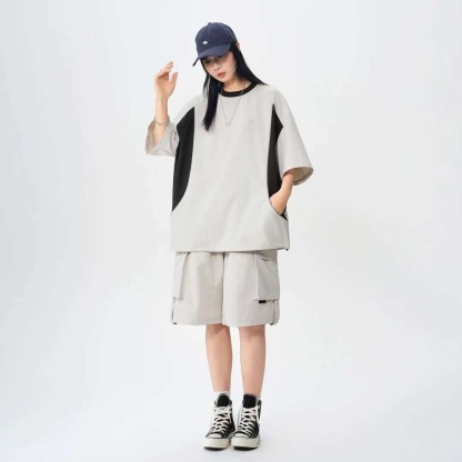 MAN 美式速干運動套裝 圆领拼色上衣+鬆緊腰工裝短褲｜寬鬆休閒凉感