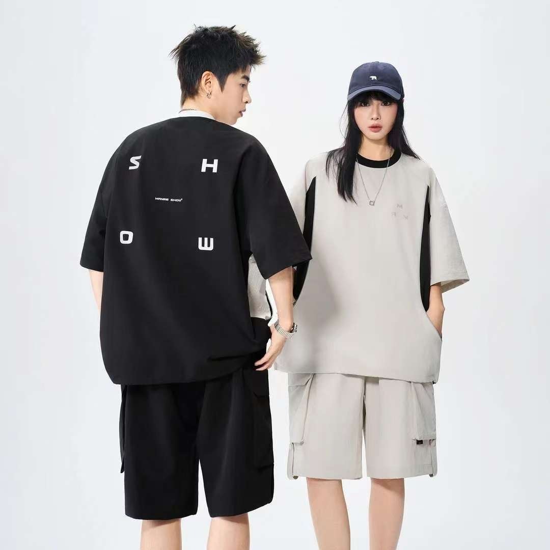 MAN 美式速干運動套裝 圆领拼色上衣+鬆緊腰工裝短褲｜寬鬆休閒凉感