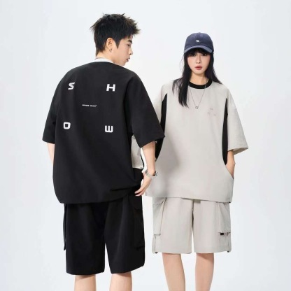 MAN 美式速干運動套裝 圆领拼色上衣+鬆緊腰工裝短褲｜寬鬆休閒凉感