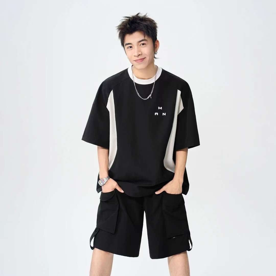 MAN 美式速干運動套裝 圆领拼色上衣+鬆緊腰工裝短褲｜寬鬆休閒凉感