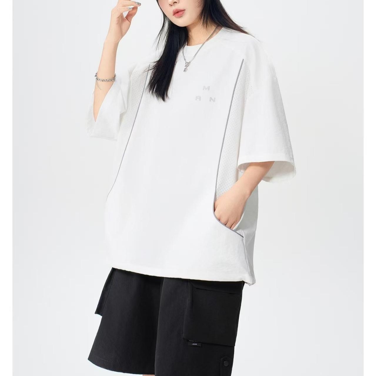 MAN 美式速干運動套裝 圆领拼色上衣+鬆緊腰工裝短褲｜寬鬆休閒凉感