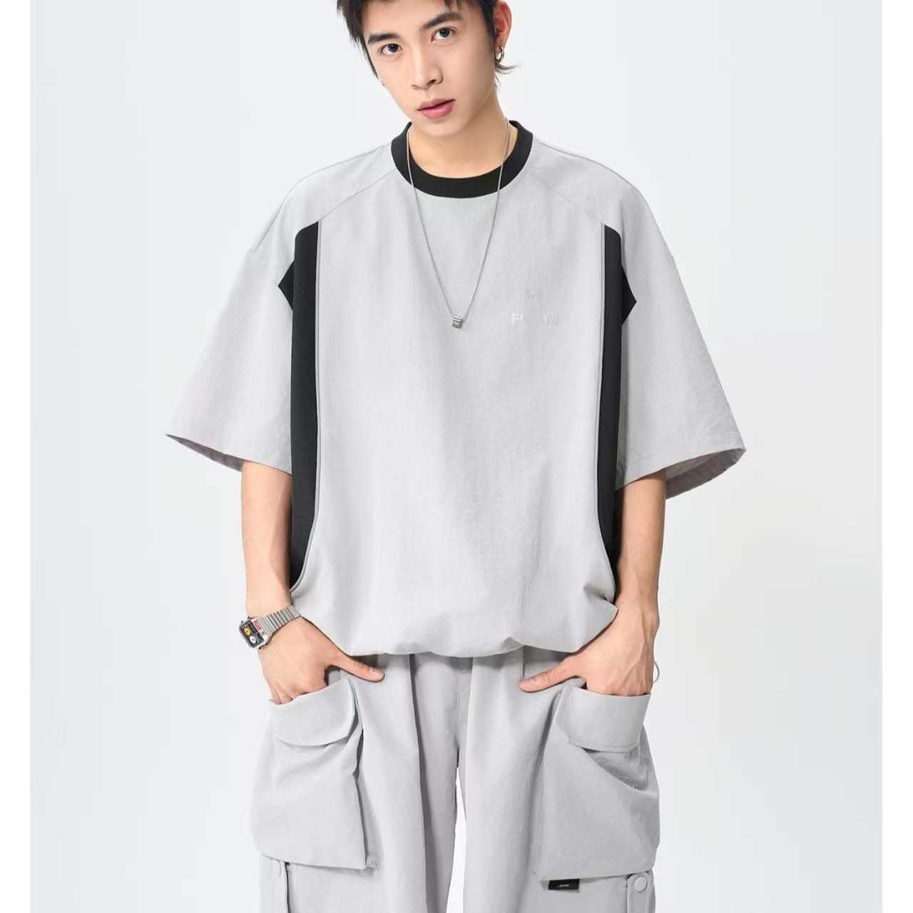 MAN 美式速干運動套裝 圆领拼色上衣+鬆緊腰工裝短褲｜寬鬆休閒凉感