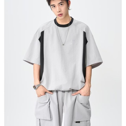 MAN 美式速干運動套裝 圆领拼色上衣+鬆緊腰工裝短褲｜寬鬆休閒凉感