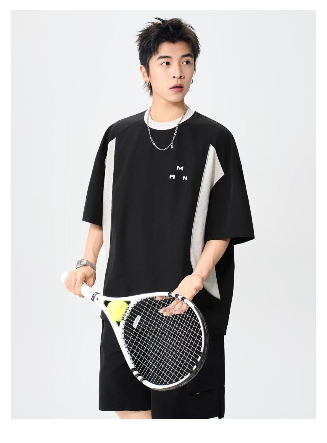 MAN 美式速干運動套裝 圆领拼色上衣+鬆緊腰工裝短褲｜寬鬆休閒凉感