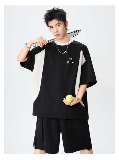 MAN 美式速干運動套裝 圆领拼色上衣+鬆緊腰工裝短褲｜寬鬆休閒凉感
