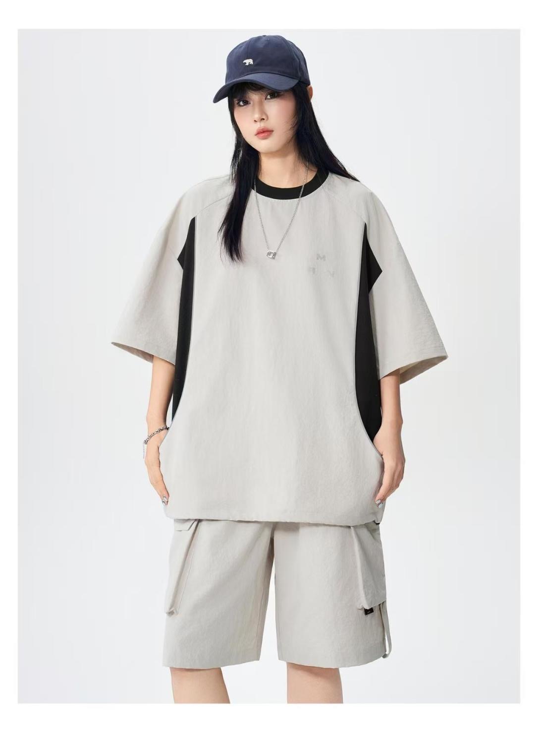 MAN 美式速干運動套裝 圆领拼色上衣+鬆緊腰工裝短褲｜寬鬆休閒凉感