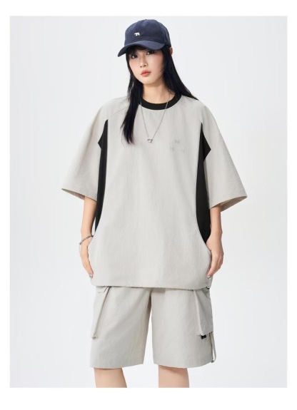 MAN 美式速干運動套裝 圆领拼色上衣+鬆緊腰工裝短褲｜寬鬆休閒凉感