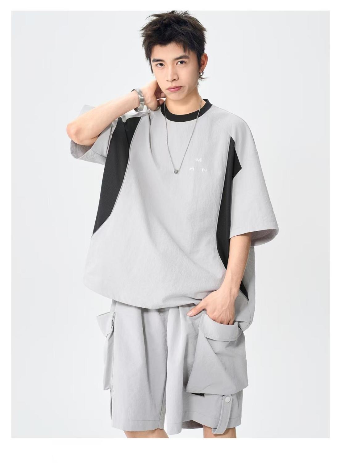 MAN 美式速干運動套裝 圆领拼色上衣+鬆緊腰工裝短褲｜寬鬆休閒凉感