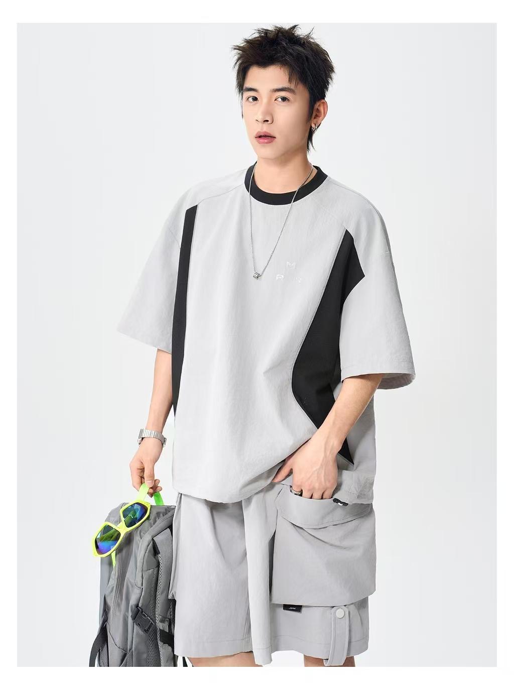 MAN 美式速干運動套裝 圆领拼色上衣+鬆緊腰工裝短褲｜寬鬆休閒凉感