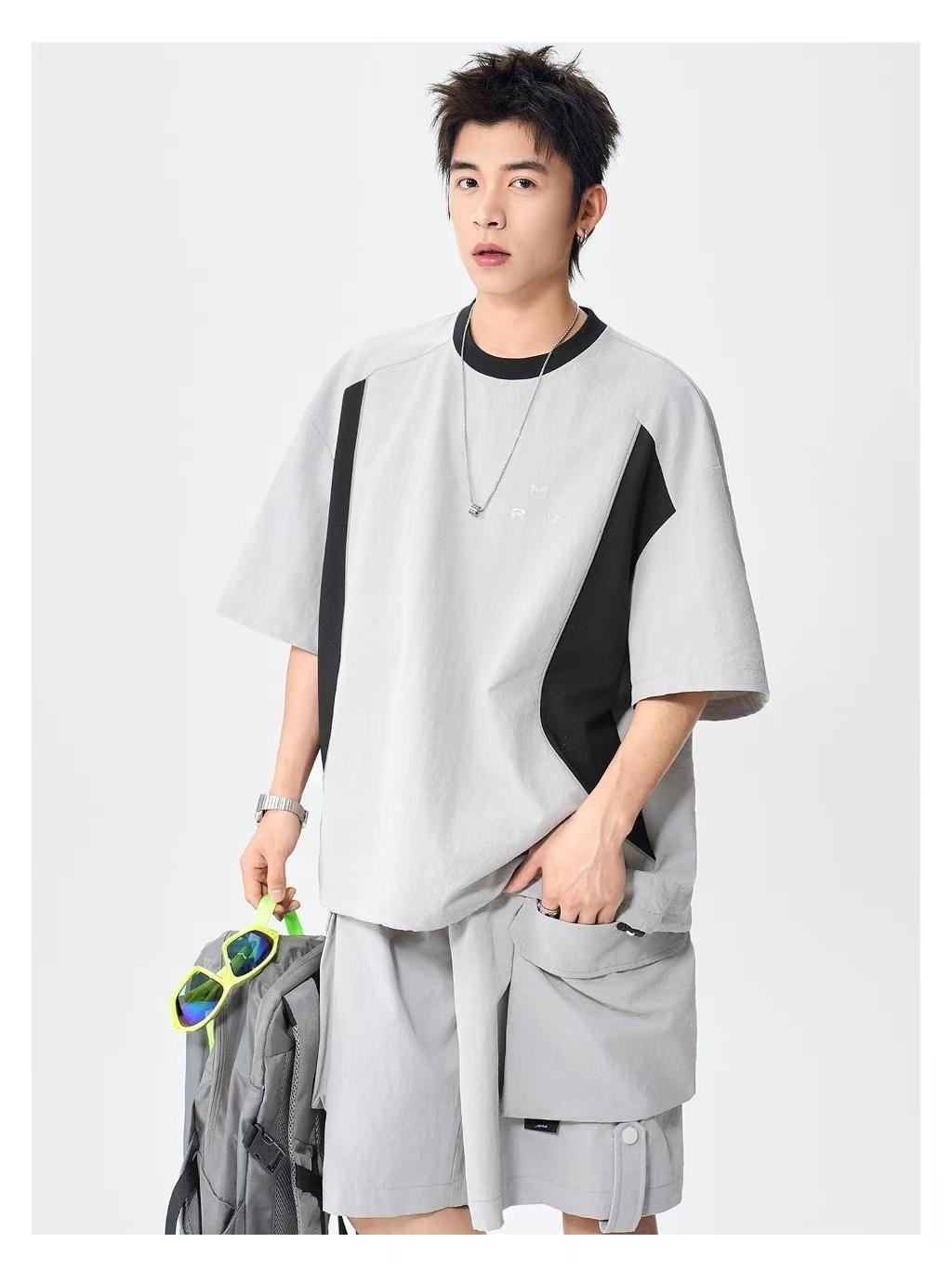 MAN 美式速干運動套裝 圆领拼色上衣+鬆緊腰工裝短褲｜寬鬆休閒凉感