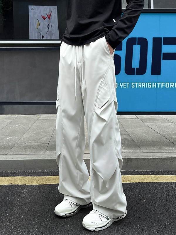 MAN 日系褶皱彎刀褲 寬鬆直筒 鬆緊腰帶 休閒百搭｜多口袋