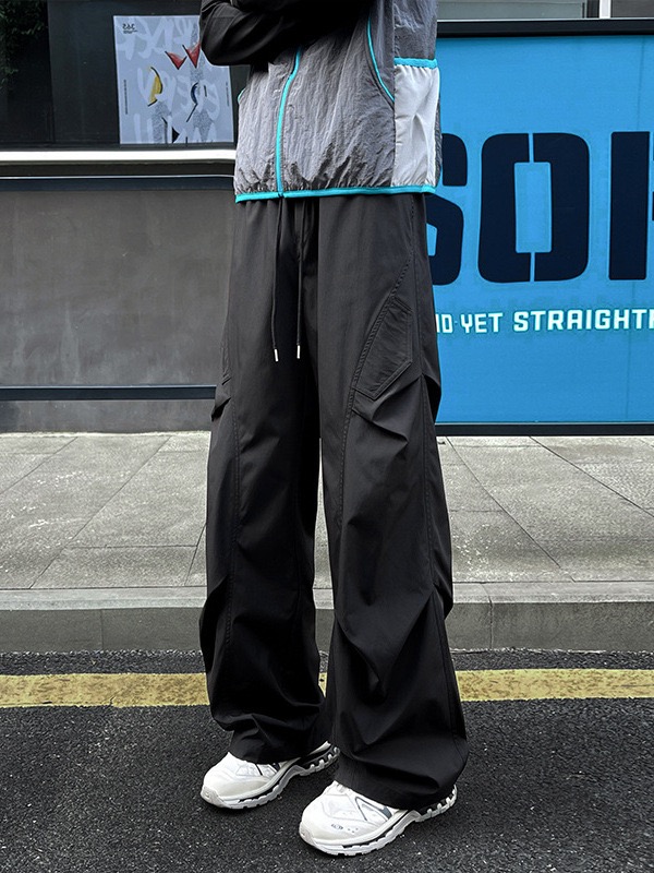 MAN 日系褶皱彎刀褲 寬鬆直筒 鬆緊腰帶 休閒百搭｜多口袋