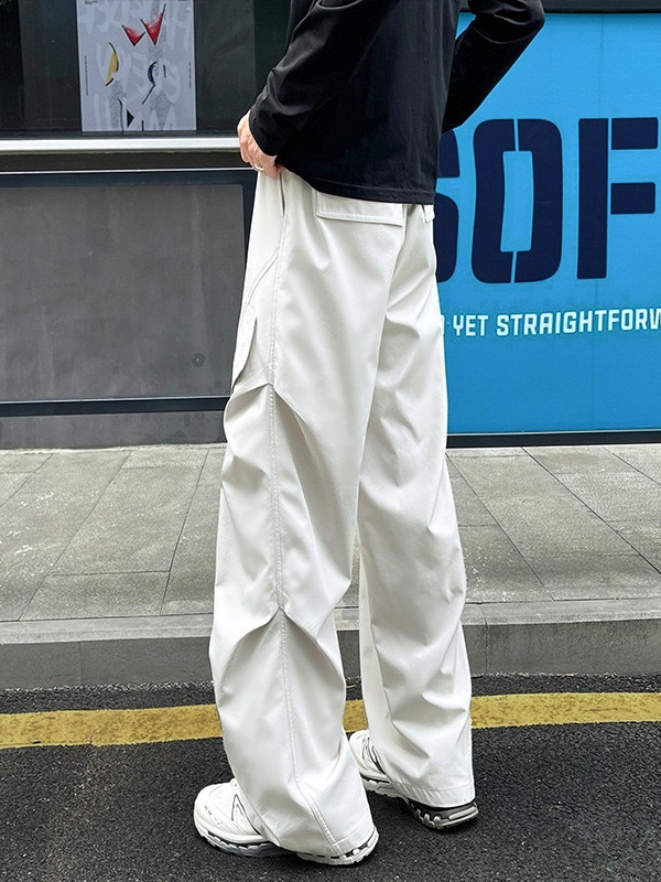 MAN 日系褶皱彎刀褲 寬鬆直筒 鬆緊腰帶 休閒百搭｜多口袋