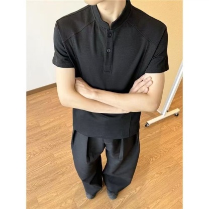 MAN 鈕扣亨利領素面TEE 輕商務POLO衫 寬鬆小立領 挺拔顯肩寬